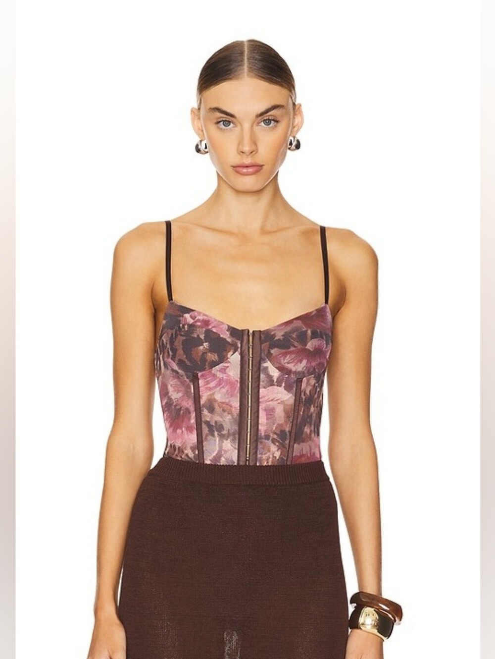 Free People Floral Lace-Up Corset Bodysuit in Burgundy and Mauve Tones